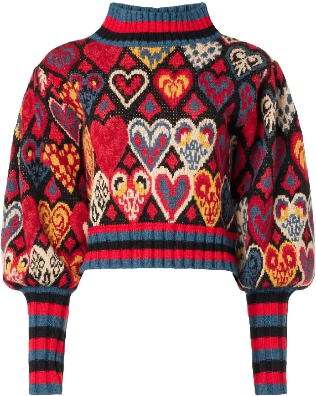 Farm Rio Women's Chunky Knit Sweater, Hearts Ikat Black Chenille Blend Fleece Blend Nylon Blend