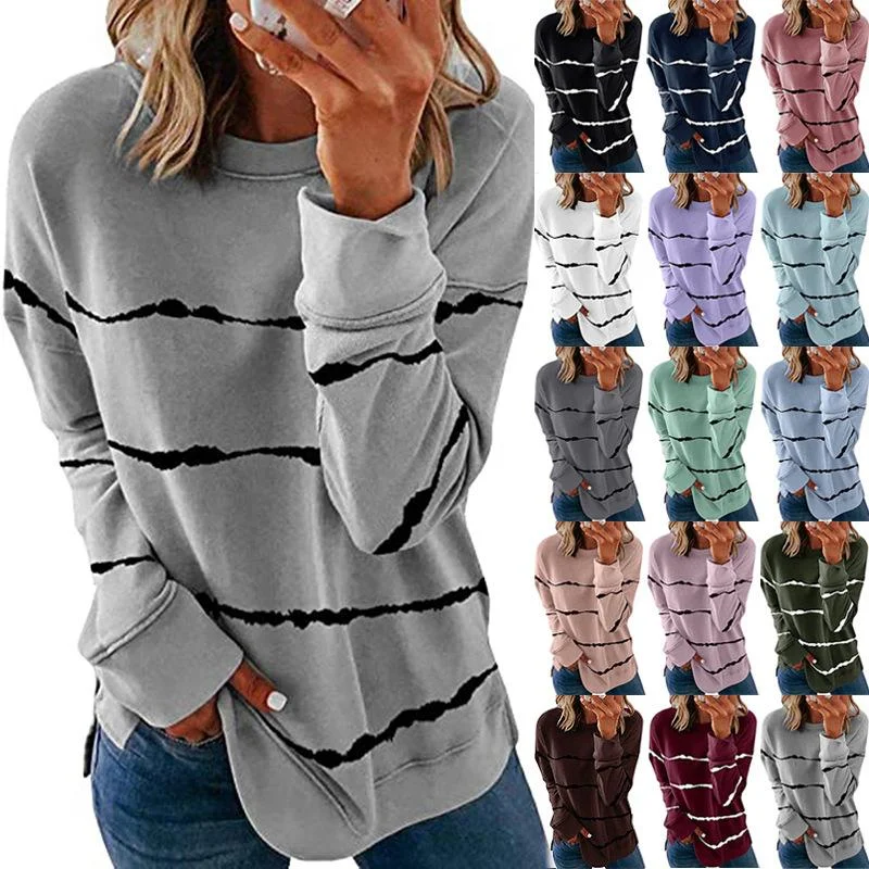 Loose Joker Striped Long Sleeve Sweatshirt Hoodie with V-Neck Classic Versatile