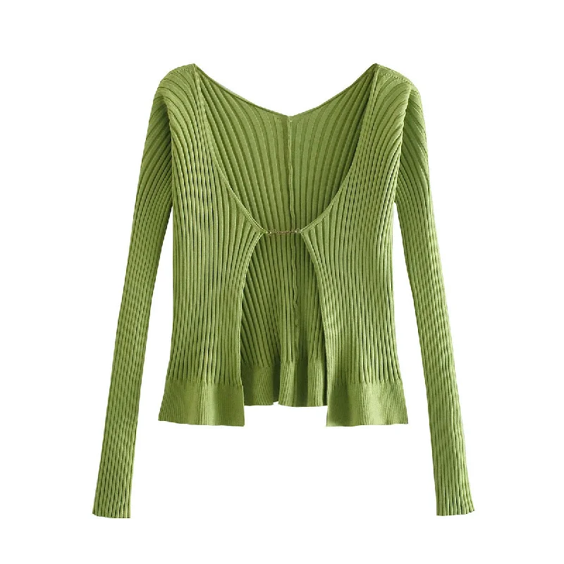 Women's Metal Chain Avocado Pit Stripe Sweater Satin Blend Silk Blend Wool Blend