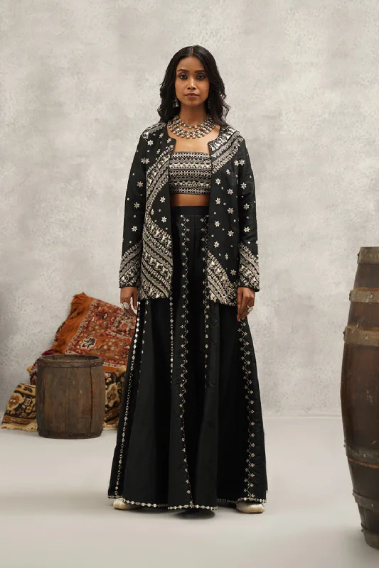 Black Embroidered Silk Jacket, Crop Top And Sharara Asymmetrical Pockets Print