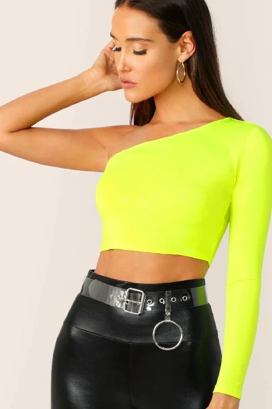 One Shoulder Neon Crop Top Hooded Caped Shawl Collar