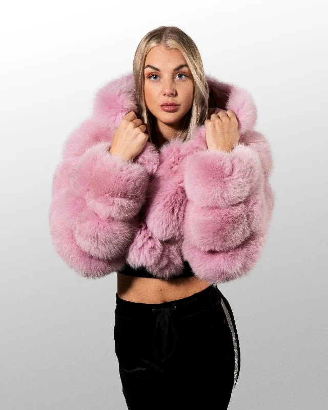 WOMEN CROP TOP- PINK FOX FUR WITH HOOD Striped Floral Plaid