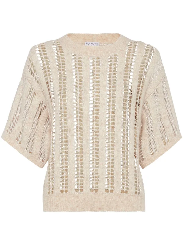 Brunello Cucinelli Women's Sweaters Beige Chenille Brocade Lace