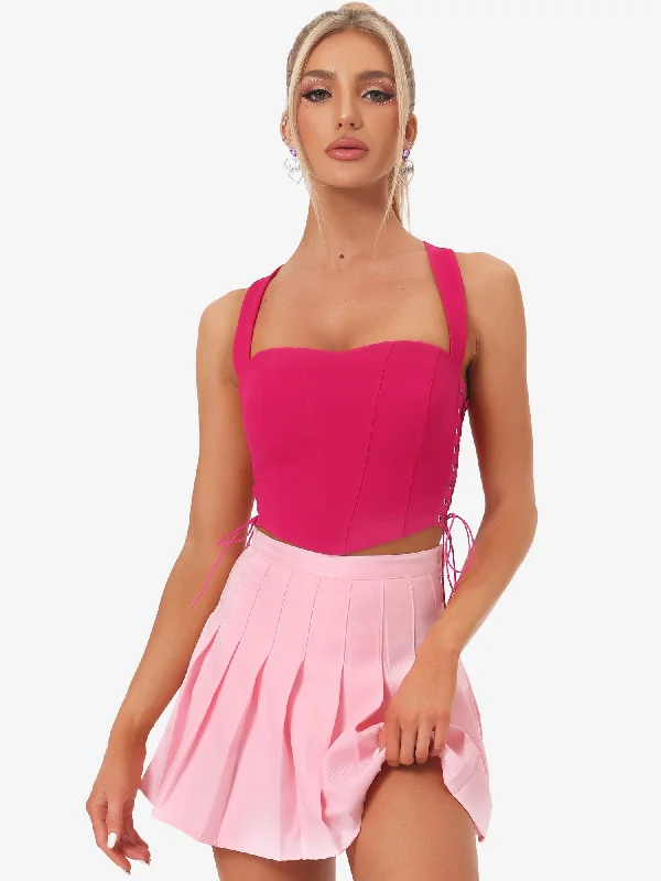 Sleeveless Bustier Corset Tops Lace-up Sexy Clubwear Party Crop Top Asymmetrical Pockets Print