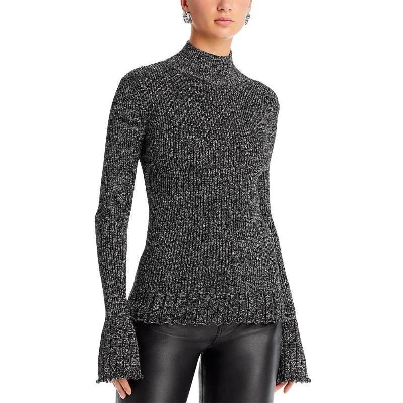 Avery Womens Scalloped Metallic Mock Turtleneck Sweater Notch Collar Peter Pan Collar Cowl Neck