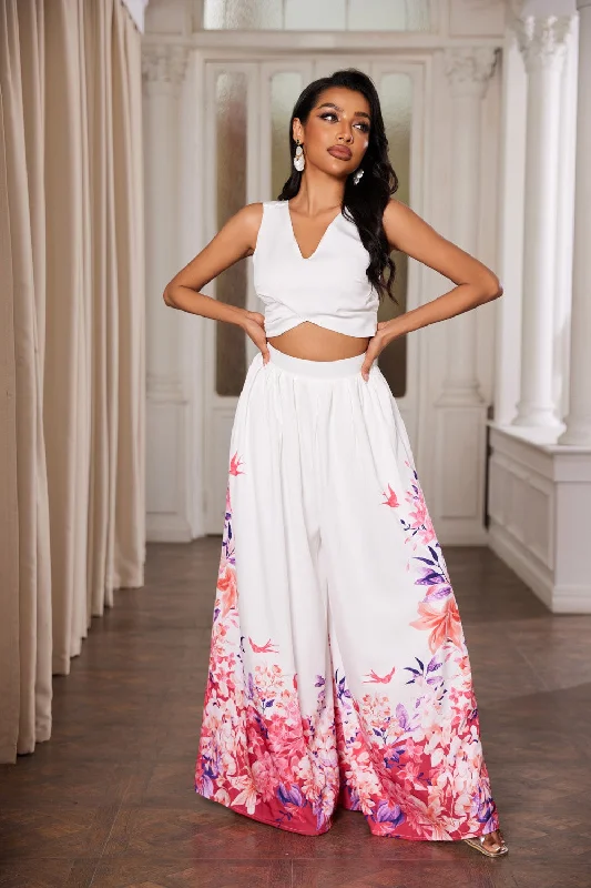 WHITE FLORAL SLEEVELESS CROP TOP AND WIDE FLARE LEG PANTS SET CS33148 Notch Collar Peter Pan Collar Cowl Neck