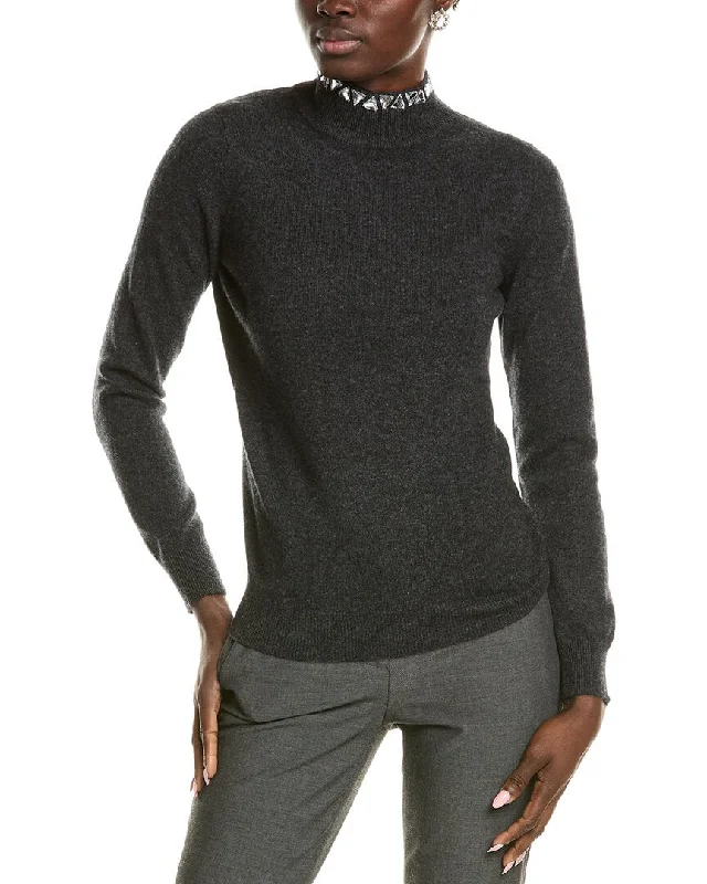 Sofiacashmere Stone Trim Turtleneck Cashmere Sweater Chenille Blend Fleece Blend Nylon Blend