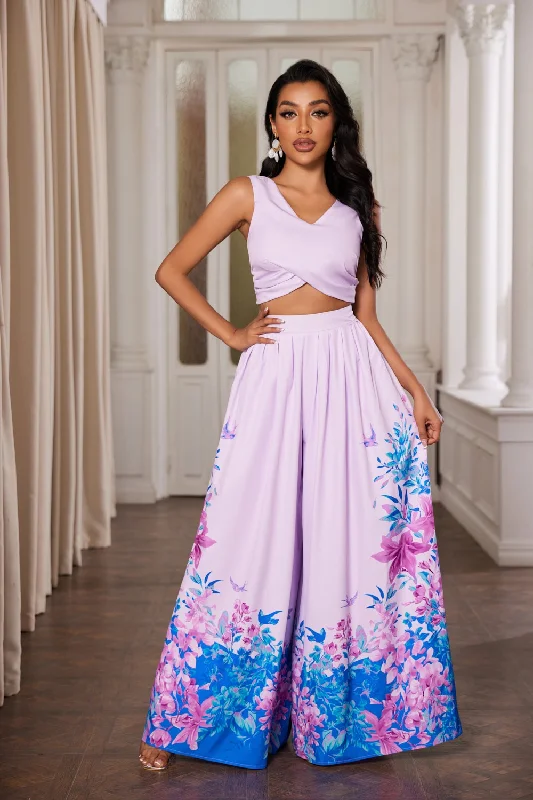 LILAC FLORAL SLEEVELESS CROP TOP AND WIDE FLARE LEG PANTS SET CS33148 Zippered Front Buttoned Front Snap Front